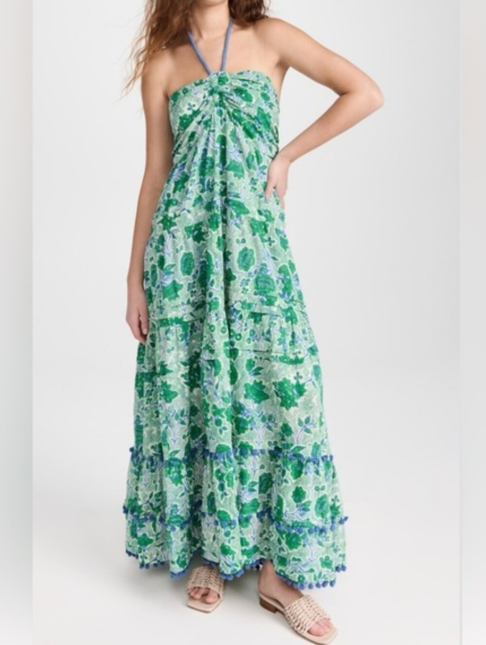 Ro’s Garden Denise Juana Halter Maxi Dress Floral Green Blue Resortwear Size XS